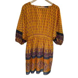 J. CREW Yellow/Pink/Blue Print Dress Balloon Sleeves Elastic Waist - Size Small